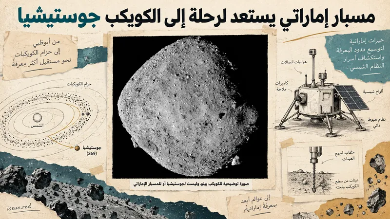 كولاج علمي على ورق كريمي يحيط بصورة حقيقية للكويكب بينو ورسم تخطيطي توضيحي لمسبار هبوط؛ الصورة ليست للكويكب جوستيشيا ولا للمسبار الإماراتي.