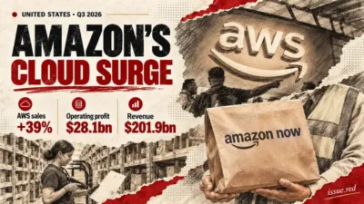 Editorial illustration of the AWS sign and an Amazon Now delivery bag with third-quarter earnings figures