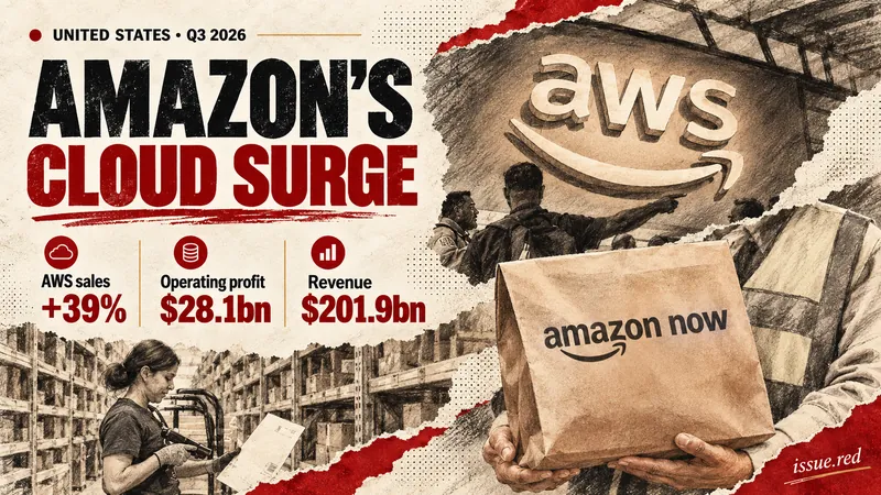 Editorial illustration of the AWS sign and an Amazon Now delivery bag with third-quarter earnings figures