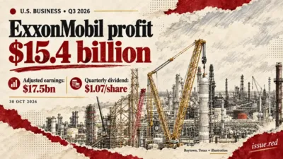 Illustration of refinery equipment and cranes in Baytown, Texas, with ExxonMobil quarterly profit of $15.4 billion, adjusted earnings of $17.5 billion and a $1.07 per-share dividend