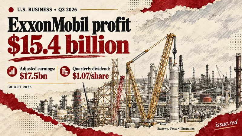 Illustration of refinery equipment and cranes in Baytown, Texas, with ExxonMobil quarterly profit of $15.4 billion, adjusted earnings of $17.5 billion and a $1.07 per-share dividend