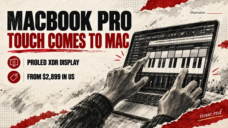 Illustration of hands using a touchscreen laptop for music