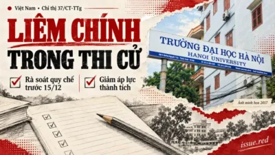 Collage minh họa về liêm chính thi cử, gồm ảnh lưu trữ Đại học Hà Nội và nét vẽ sách vở