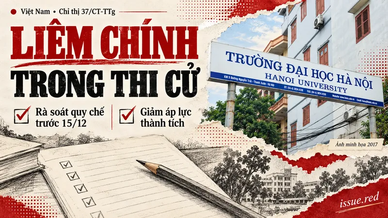 Collage minh họa về liêm chính thi cử, gồm ảnh lưu trữ Đại học Hà Nội và nét vẽ sách vở