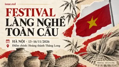 Cờ Việt Nam tư liệu kết hợp nét vẽ than về gốm, đan lát và không gian làng nghề