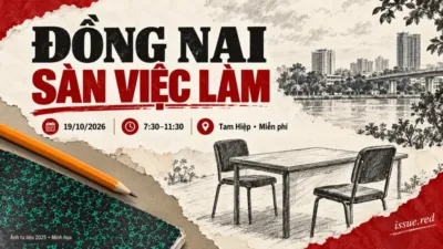 Bìa thông tin lịch sàn việc làm Đồng Nai, với ảnh sổ và bút lưu trữ cùng bàn phỏng vấn vẽ minh họa.