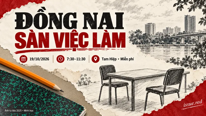 Bìa thông tin lịch sàn việc làm Đồng Nai, với ảnh sổ và bút lưu trữ cùng bàn phỏng vấn vẽ minh họa.