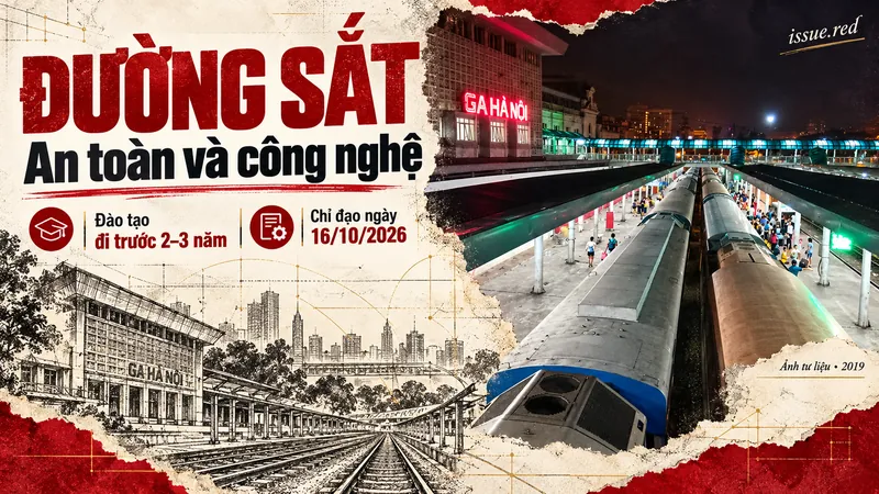 Ảnh tư liệu sân ga Hà Nội năm 2019 kết hợp nét vẽ than trong ảnh bìa biên tập về nhiệm vụ phát triển đường sắt.
