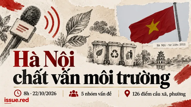 Ảnh cờ Việt Nam tư liệu kết hợp tranh minh họa micro, lá cây và phân loại chất thải.
