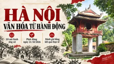 Ảnh tư liệu Khuê Văn Các năm 2014 kết hợp tranh sách và bút trong bìa tin Hà Nội triển khai 10 mô hình ứng xử năm 2026
