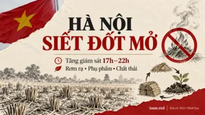 Ảnh cờ Việt Nam tư liệu kết hợp tranh than chì về rơm rạ, khói và tái sử dụng phụ phẩm