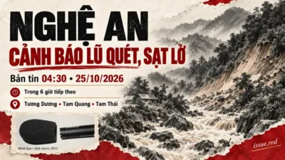 Ảnh ghép cảnh báo Nghệ An với nét vẽ sườn dốc và suối mang tính minh họa, cùng ảnh micro lưu trữ