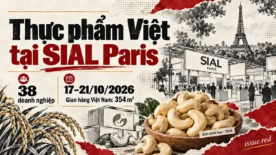 Bìa minh họa đoàn38doanh nghiệp Việt tại SIALParis với ảnh hạt điều lưu trữ và nét vẽ gian hàng.