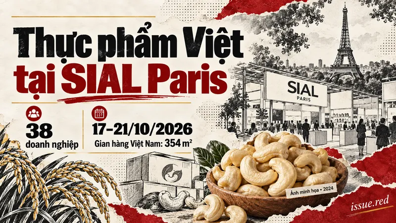 Bìa minh họa đoàn38doanh nghiệp Việt tại SIALParis với ảnh hạt điều lưu trữ và nét vẽ gian hàng.