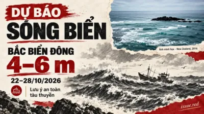 Ảnh sóng biển lưu trữ ở New Zealand trong tranh ghép dự báo sóng, kèm nét vẽ than minh họa.