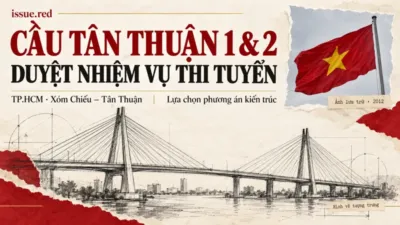 Collage ảnh cờ Việt Nam lưu trữ2012 và nét vẽ than cầu tượng trưng, không phải phương án thiết kế được duyệt