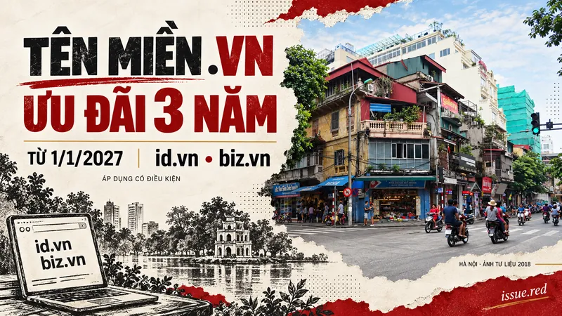 Tên miền id.vn và biz.vn: ưu đãi ba năm từ1/1/2027, có điều kiện; ảnh phố Hà Nội năm2018 và hình vẽ máy tính.
