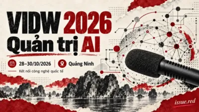 Bìa minh họa biên tập về VIDW 2026, microphone lưu trữ và các nét vẽ mạng kết nối số, lịch 28–30/10