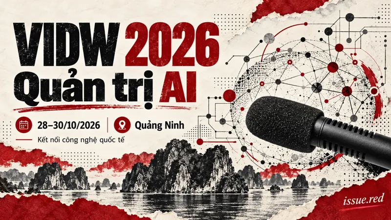 Bìa minh họa biên tập về VIDW 2026, microphone lưu trữ và các nét vẽ mạng kết nối số, lịch 28–30/10