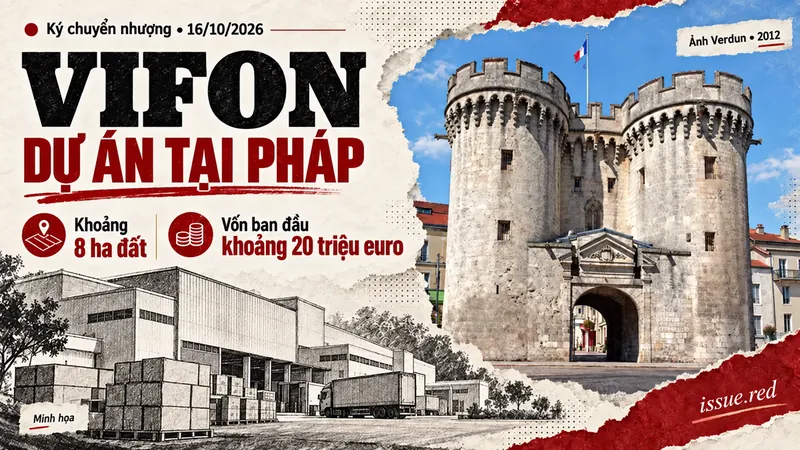 Bìa minh họa dự án VIFON bằng ảnh lưu trữ cổng Porte Chaussée ở Verdun và nét vẽ nhà máy tượng trưng.