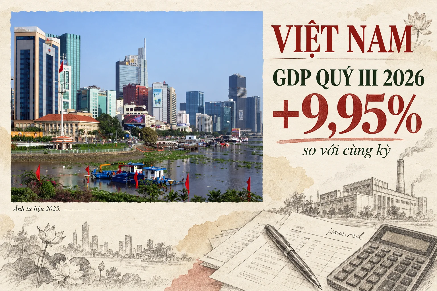 Collage giấy màu kem với ảnh tư liệu toàn cảnh Thành phố Hồ Chí Minh năm 2025 và mức tăng GDP quý III 9,95%