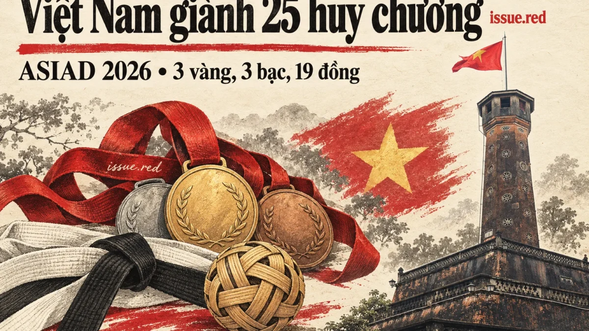Collage giấy màu kem với ảnh Cột cờ Hà Nội và hình vẽ huy chương, minh họa bằng AI