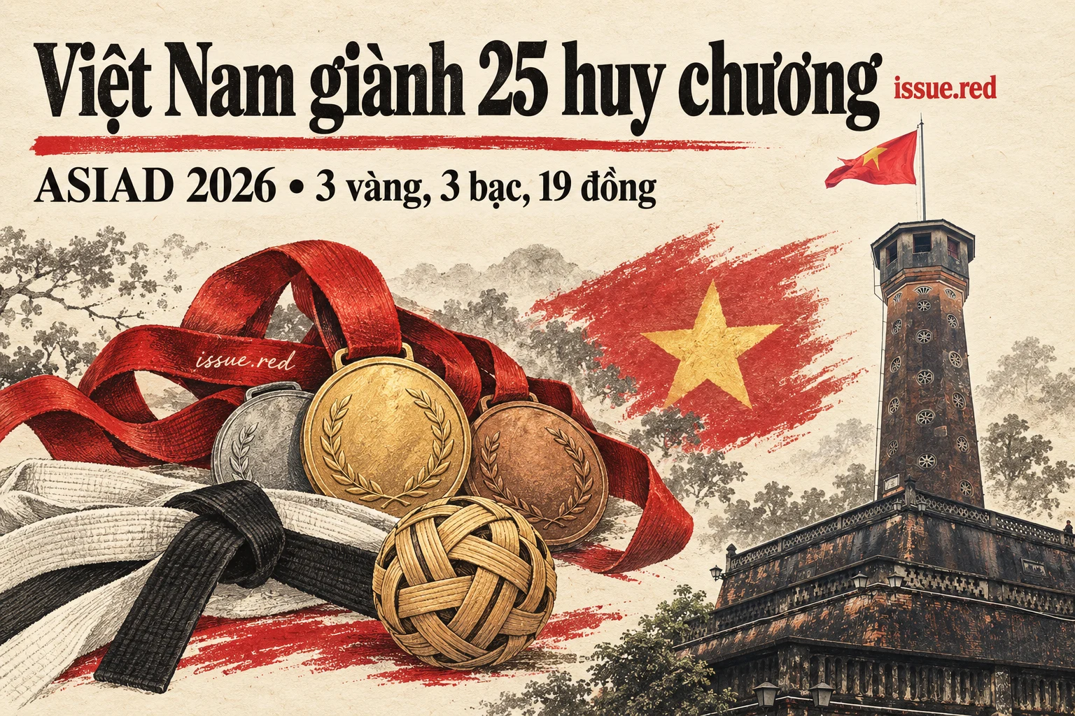 Collage giấy màu kem với ảnh Cột cờ Hà Nội và hình vẽ huy chương, minh họa bằng AI