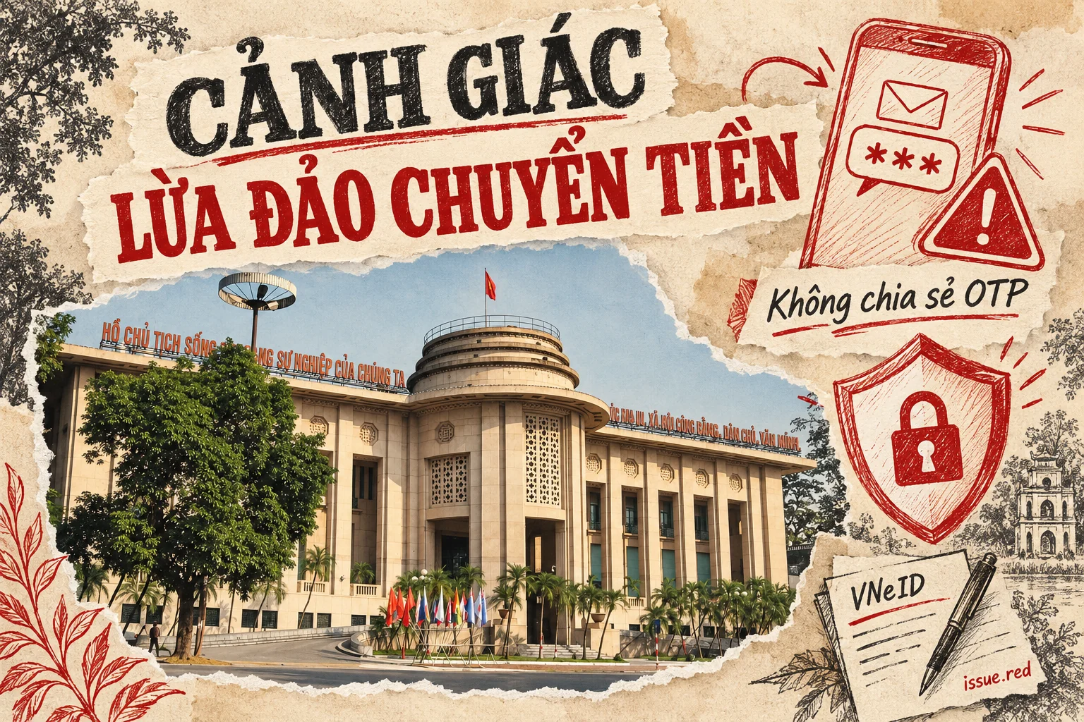 Ảnh ghép giấy màu kem với ảnh lưu trữ trụ sở Ngân hàng Nhà nước tại Hà Nội và hình vẽ điện thoại, cảnh báo OTP