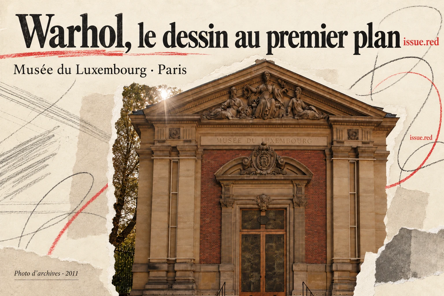 Collage sur papier crème avec la façade du Musée du Luxembourg et des lignes abstraites