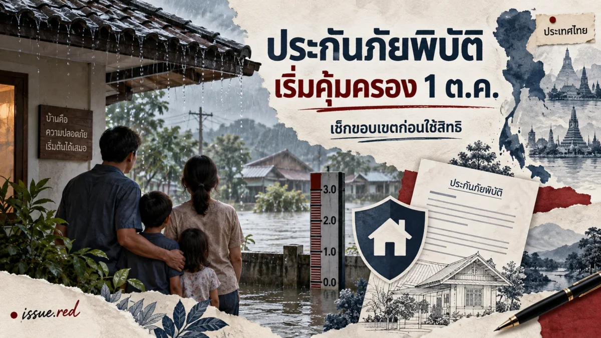 ภาพคอลลาจบ้านและเอกสารประกันภัยพิบัติในไทย ประกอบข้อมูลโครงการเริ่ม 1 ตุลาคม พร้อมลายเซ็น issue.red