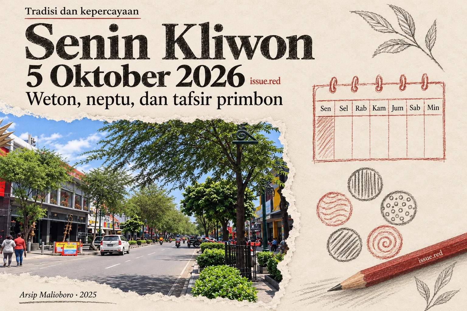 Kolase kertas krem dengan foto arsip Malioboro serta gambar kalender, lima lingkaran dan pensil