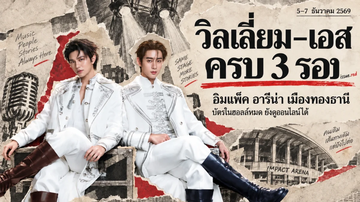 คอลลาจกระดาษครีม ภาพประชาสัมพันธ์วิลเลี่ยม–เอสผสมลายวาด มีชื่อ issue.red เล็กท้ายพาดหัวเพียงจุดเดียว