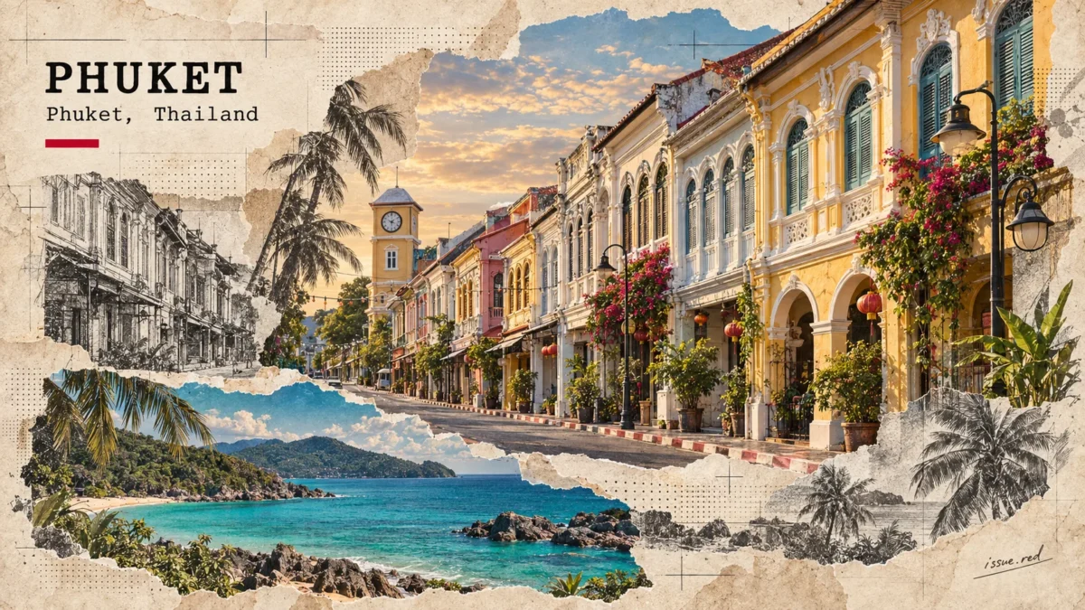 ภาพคอลลาจเมืองเก่าและชายฝั่งภูเก็ต ผสมส่วนสมจริงกับลายเส้น มีข้อความ PHUKET และ Phuket, Thailand พร้อมลายเซ็น issue.red