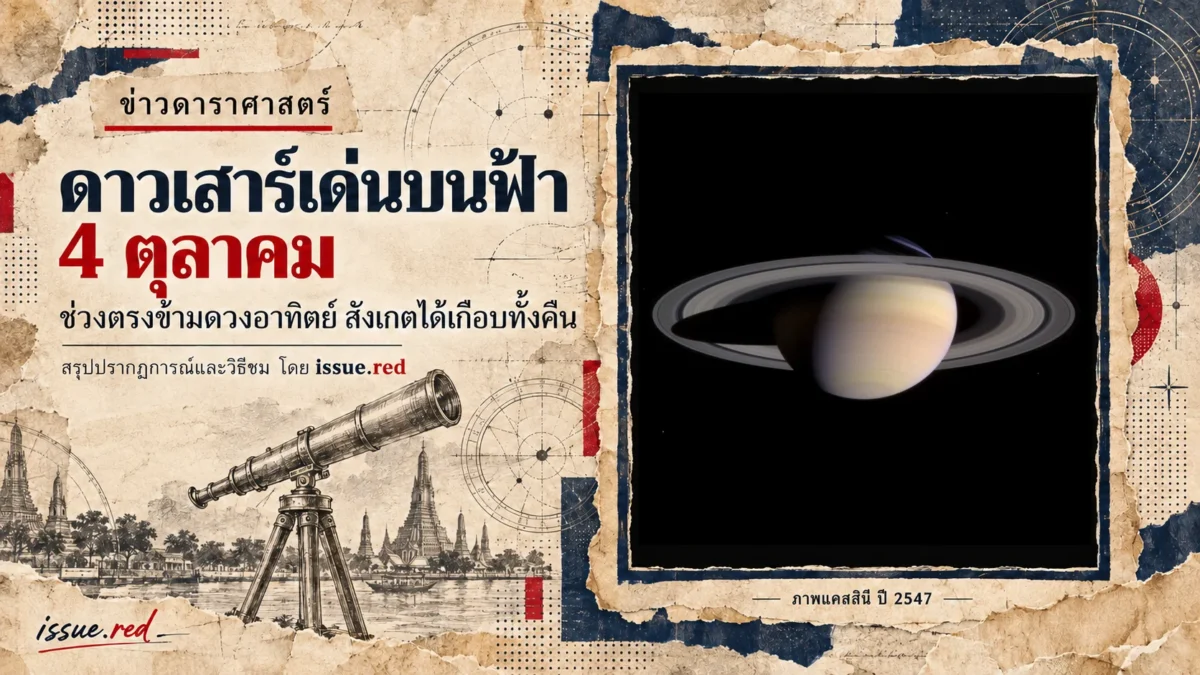 ภาพถ่ายดาวเสาร์จากแคสสินีปี 2547 ในกรอบคอลลาจกระดาษและลายเส้น พร้อมพาดหัวดาวเสาร์เด่นบนฟ้า 4 ตุลาคม และลายเซ็น issue.red