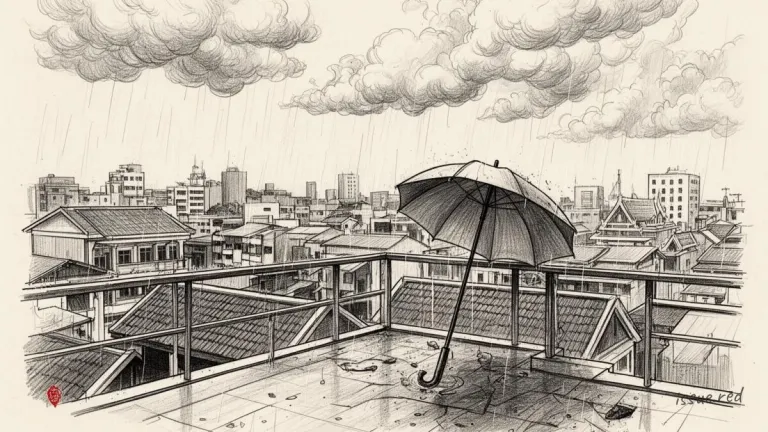 ภาพวาดลายเส้นหลังคาอาคาร เมฆฝน และร่ม สื่อแนวคิดการเฝ้าระวังฝน