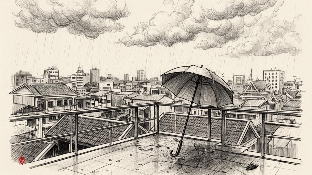 ภาพวาดลายเส้นหลังคาอาคาร เมฆฝน และร่ม สื่อแนวคิดการเฝ้าระวังฝน
