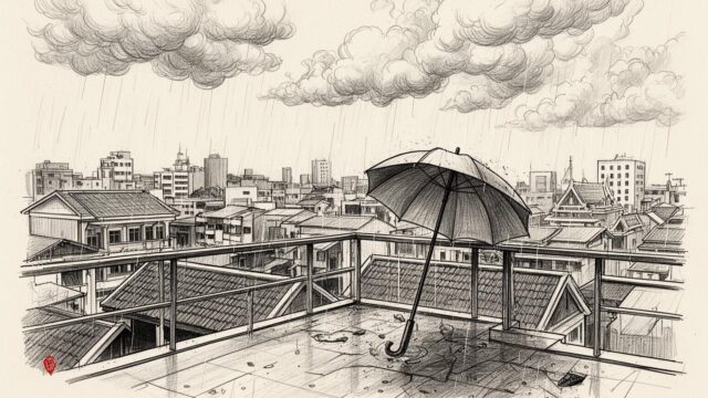 ภาพวาดลายเส้นหลังคาอาคาร เมฆฝน และร่ม สื่อแนวคิดการเฝ้าระวังฝน
