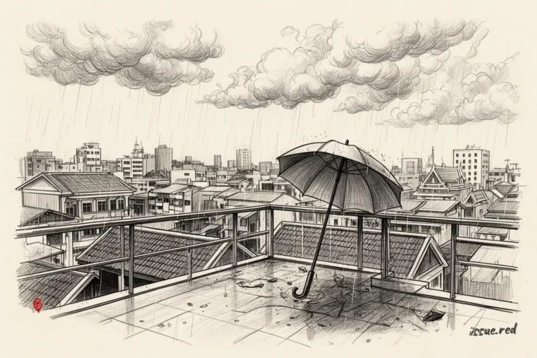 ภาพวาดลายเส้นหลังคาอาคาร เมฆฝน และร่ม สื่อแนวคิดการเฝ้าระวังฝน