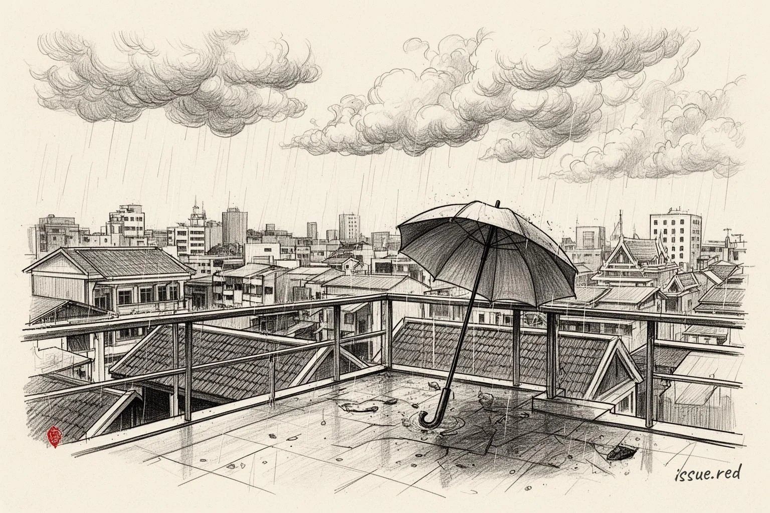 ภาพวาดลายเส้นหลังคาอาคาร เมฆฝน และร่ม สื่อแนวคิดการเฝ้าระวังฝน